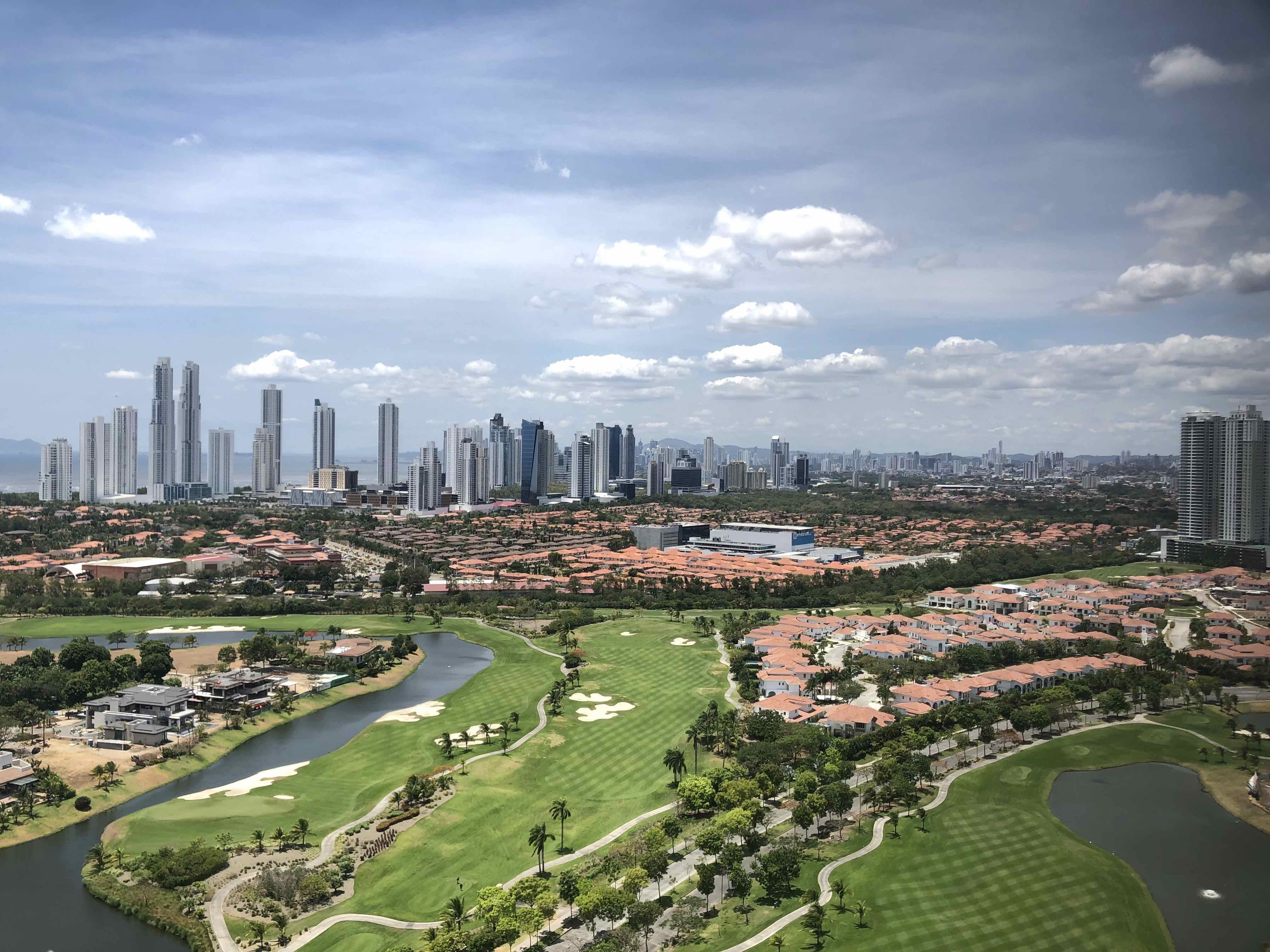Stunning golf course view from condo tower in Panama by Real Estate Educator and Investor Evie Brooks.