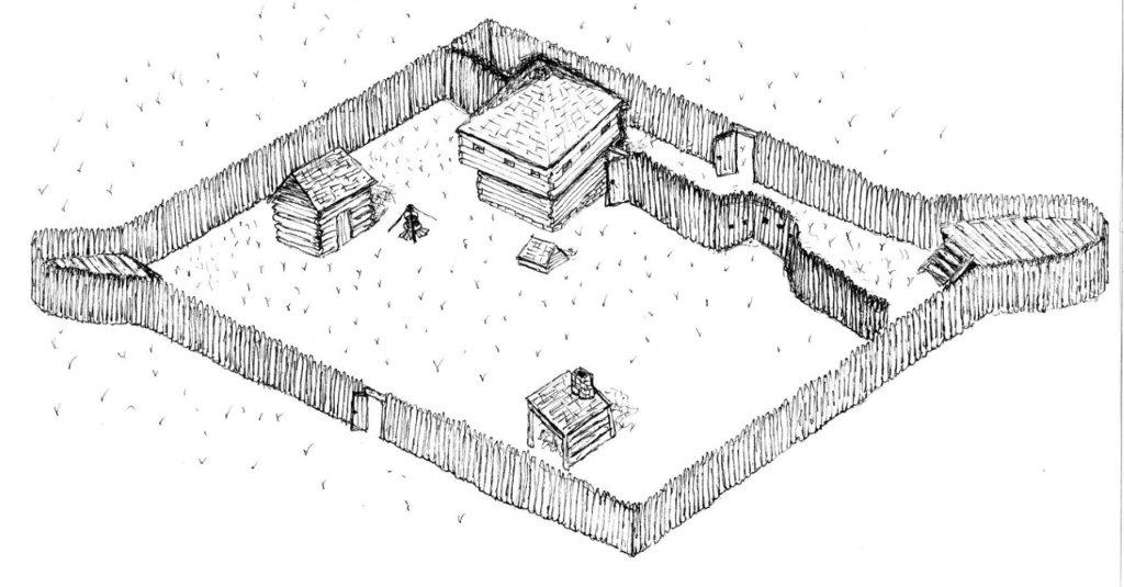 Sketch drawing of Arbuckle Fort as it may have looked in 1774.