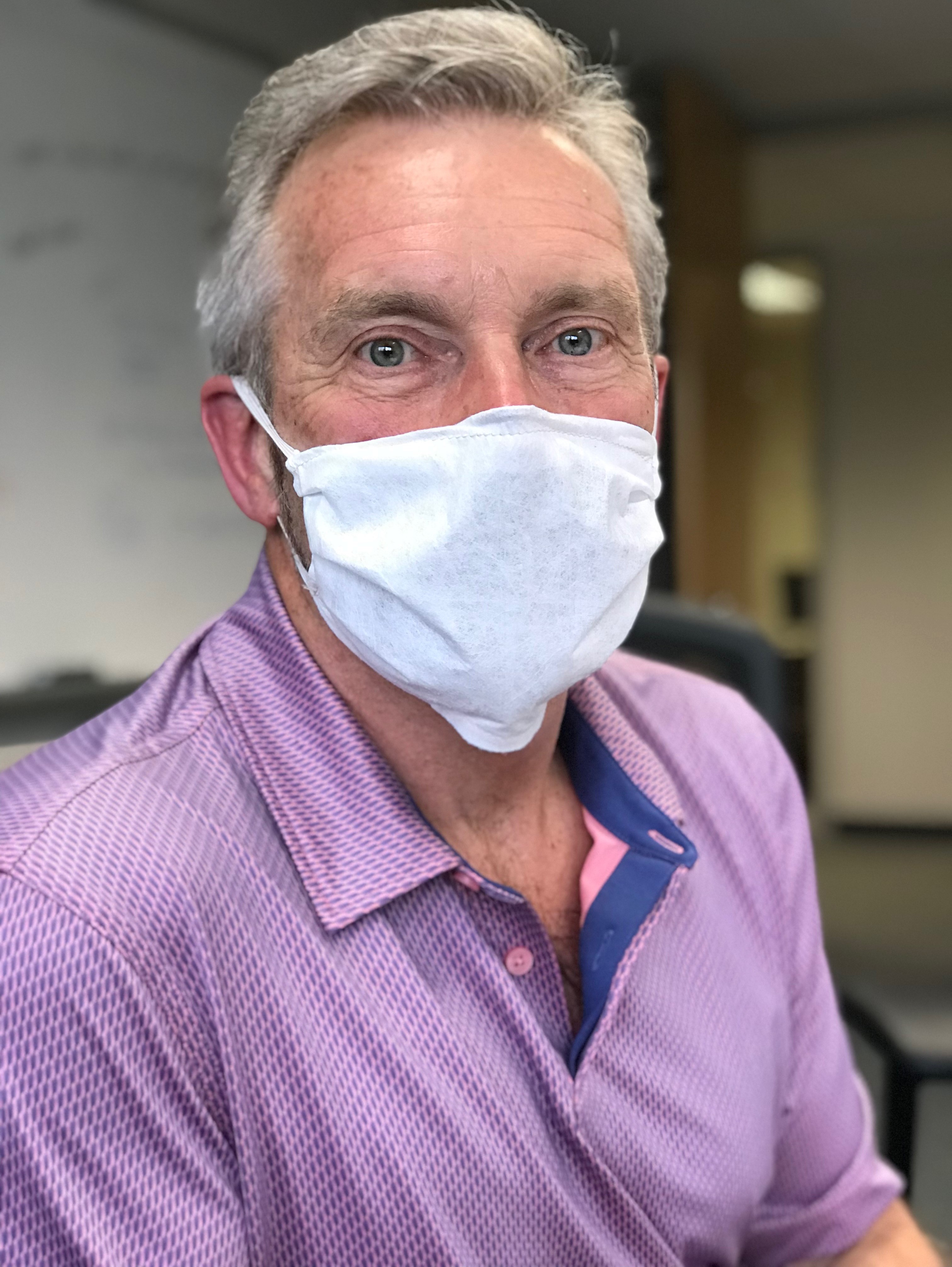 Liquid X's CEO Greg Babe sports his company's new ComforTeX face mask.