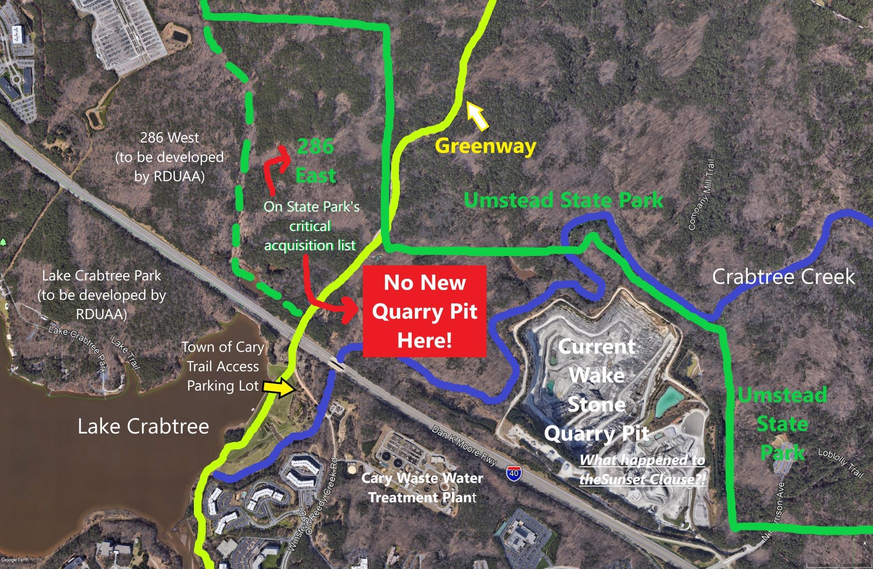 The proposed new quarry will be adjacent to William B. Umstead State Park and the East Coast Greenway.