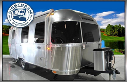 A front and side view of an aluminum 2021 Airstream Caravel 22FB with an Airstream of Scottsdale logo next to it.
