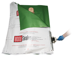 Hermetically sealed body bag from BodySealer, eliminates the need for refrigerating remains.