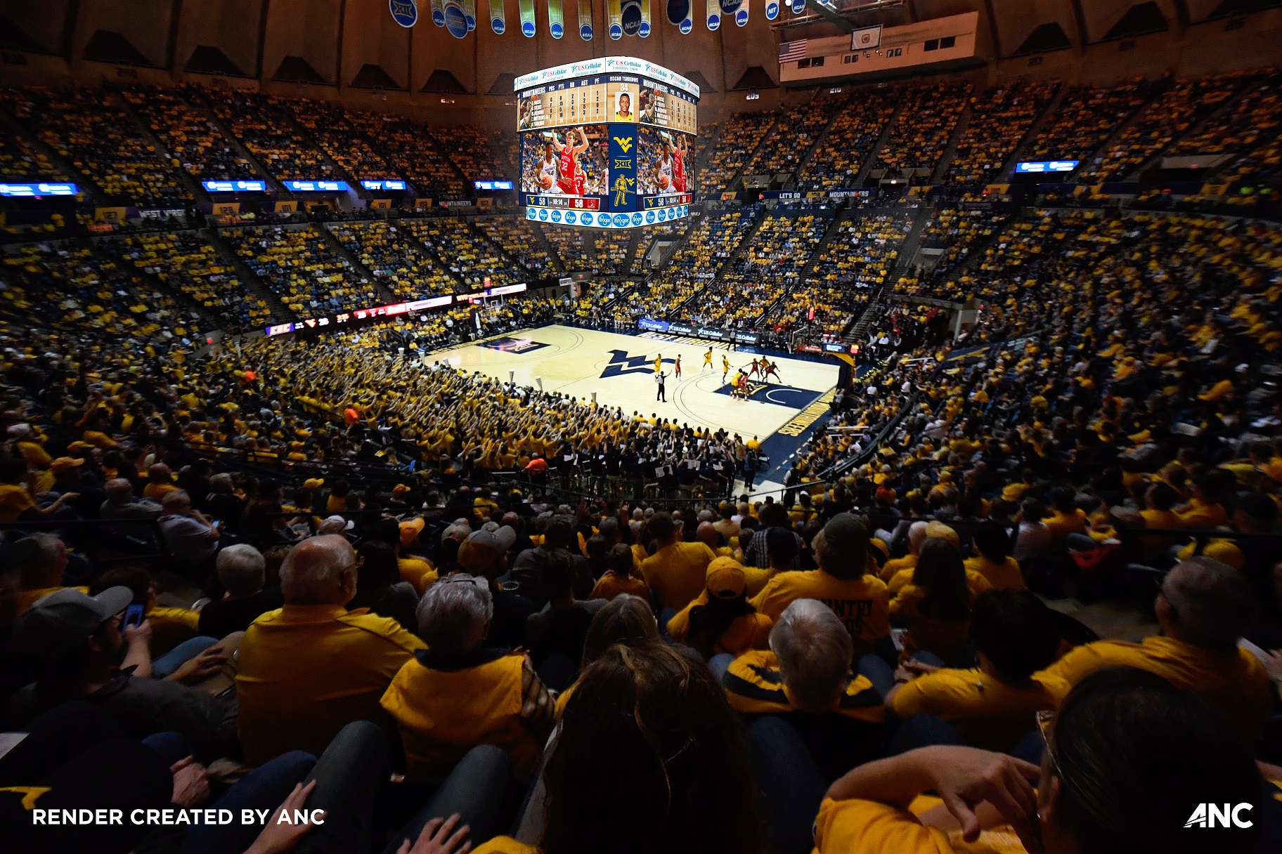 An ANC render depicting the multi-faceted center-hung scoreboard at The WVU Coliseum.