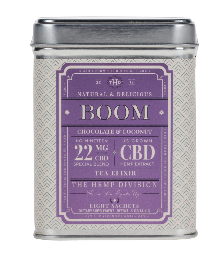 Boom​ ​is a tea blend of: Black tea, raw cacao nibs, and coconut pieces that are masterfully blended with CBD-rich hemp extract, flowers & leaves to create a blend that is booming with flavor.