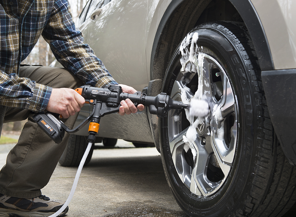 Hydroshot rotary cleaning brush is ideal for cleaning auto rims and wheels.