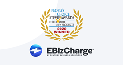 The 2020 People's Choice Stevie Award logo is paired with the EBizCharge by Century Business Solutions logo.