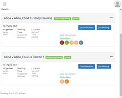 For example, a judge’s dashboard will have links to join a hearing and a sidebar breakout room, but attorneys on the case get invites to those same rooms plus a links to join a private breakout rooms to meet with their clients.