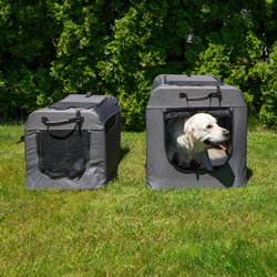Dog and two PortablePET SoftCrate collapsible doghouses in the grass