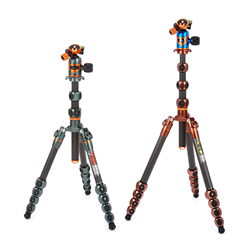 3 Legged Thing Legends Ray and Bucky compact carbon fibre travel tripods shown in Metallic Slate Grey (Ray) and Earth Bronze with blue AirHed Vu (Bucky).