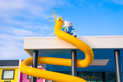 Sculptures of Finn and Jake characters from "Adventure Time" cartoon sit atop the front of the Cartoon Network Hotel.