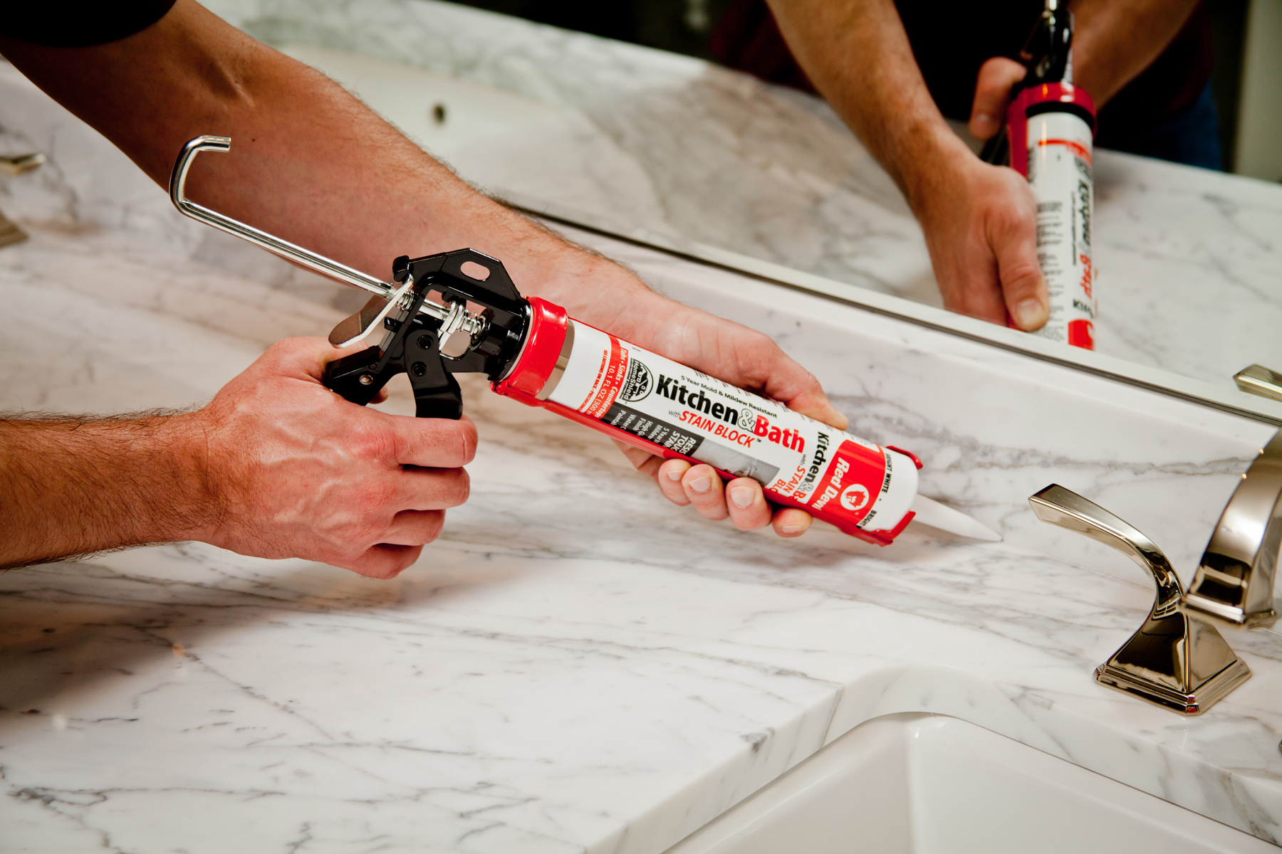 Red Devil’s Kitchen & Bath Stain Block™ Sealant resists mold, mildew and tough stains such as red wine.