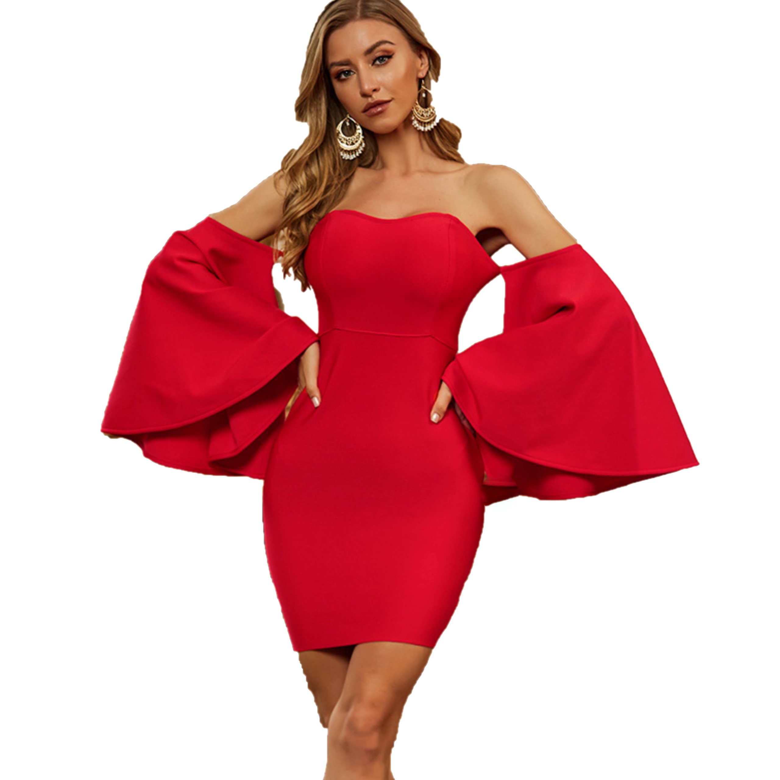 RG Red Mini Off Shoulder Bell Sleeve Dress