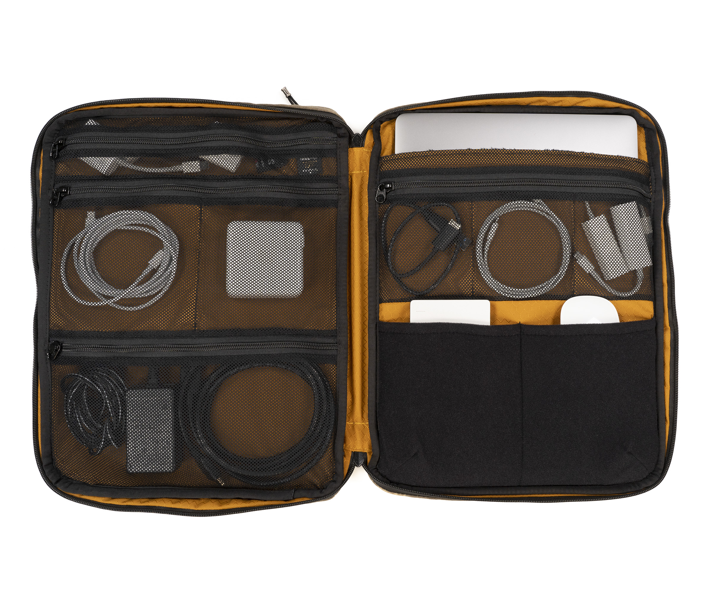 Interior view of accessory pockets and padded laptop sleeve