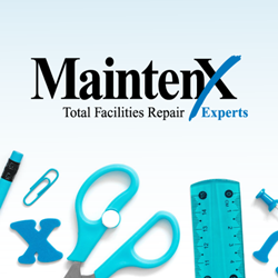 MaintenX International logo above blue school supplies