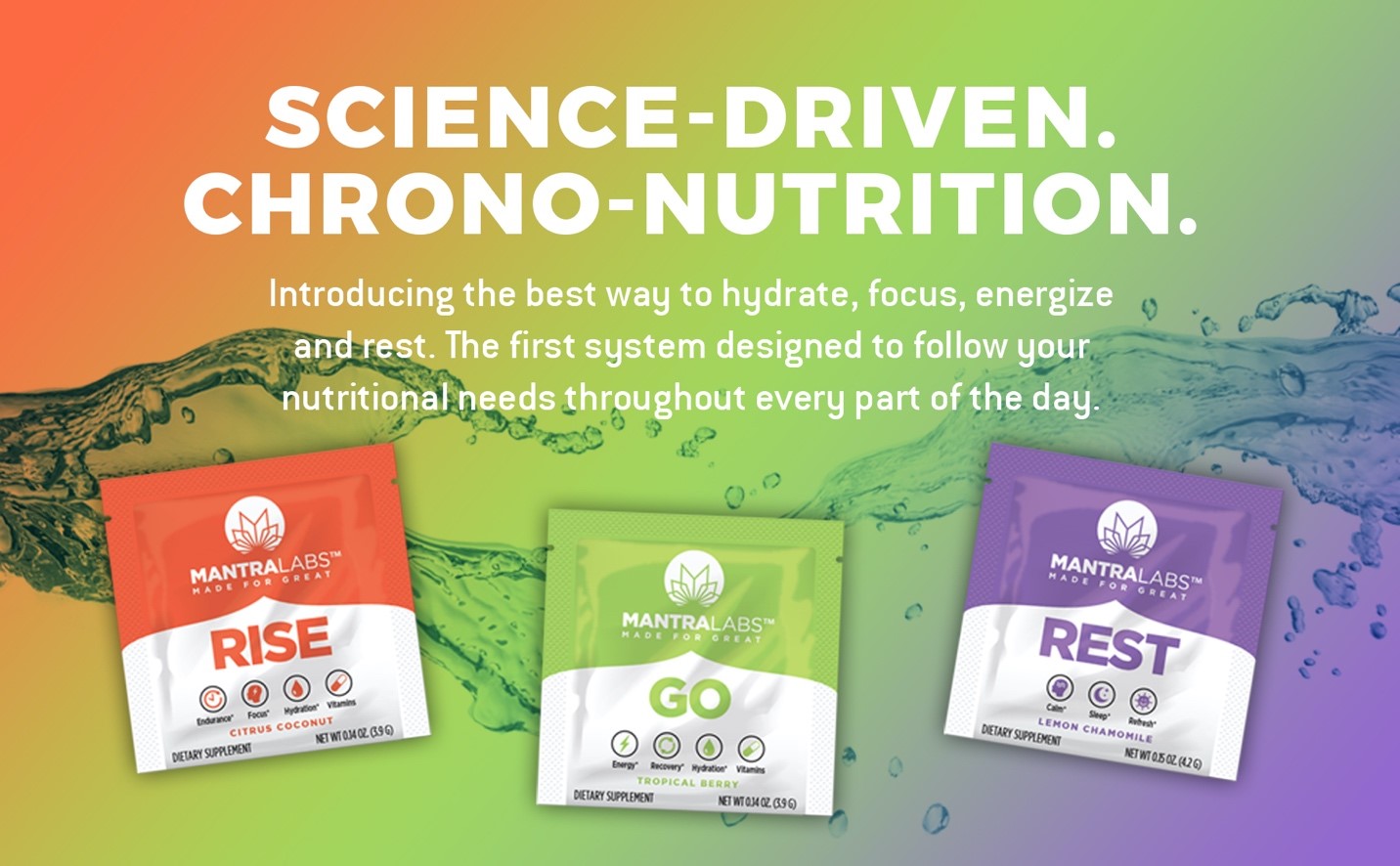 RISE, GO, REST Science-Driven Chrono-Nutrition. The best way to hydrate, focus, energize and rest.