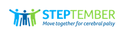 Three figures with their arms around each other. A light blue one stands on the left, a dark blue one sits in a wheelchair in the middle, and a light green one stands on the right. To the right of the figures is the word STEPtember, with STEP in blue and the remainder in green. The tagline below reads "move together for cerebral palsy" in dark blue.