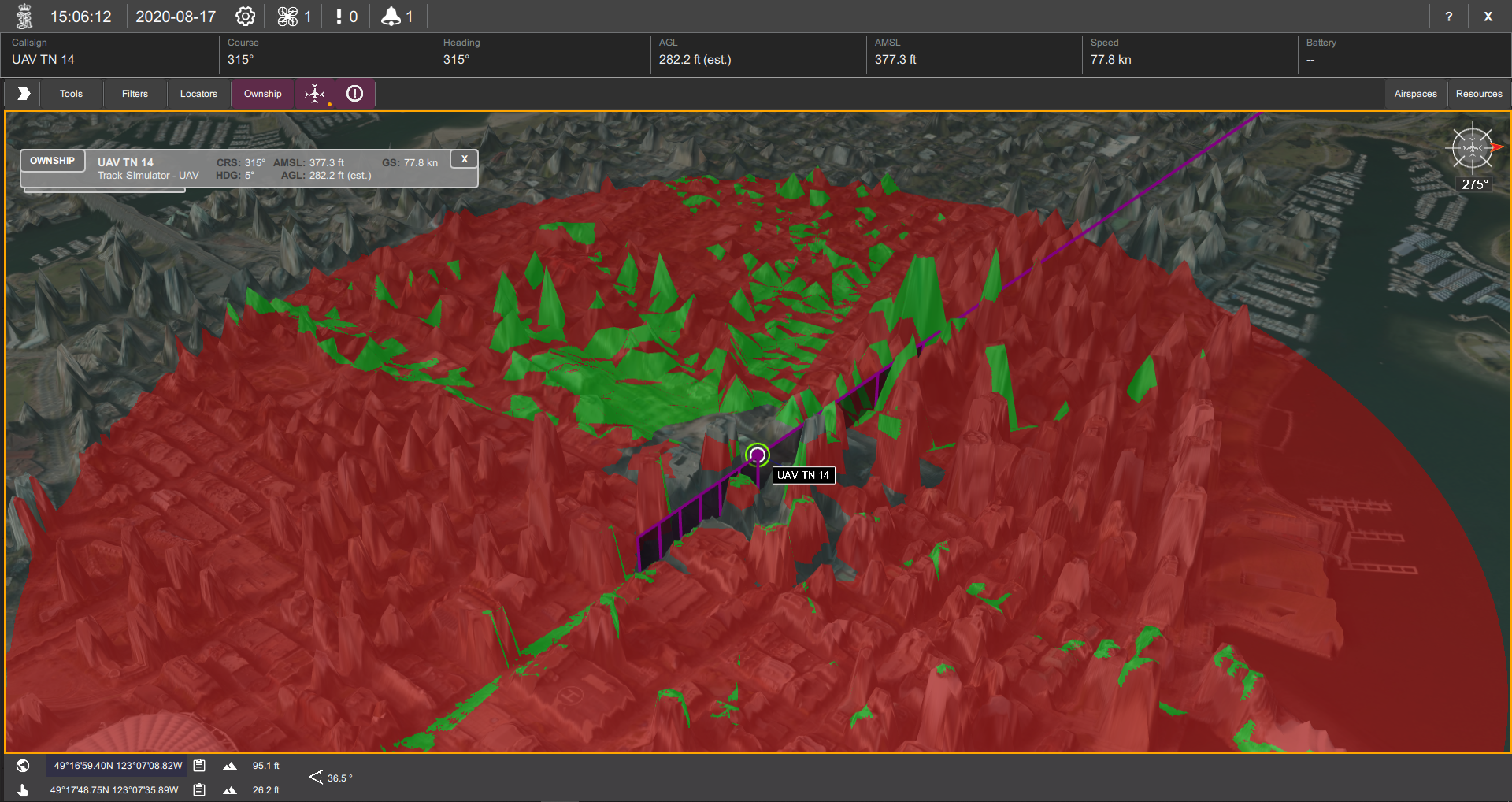 LoS calculation using high-resolution terrain data from LIDAR