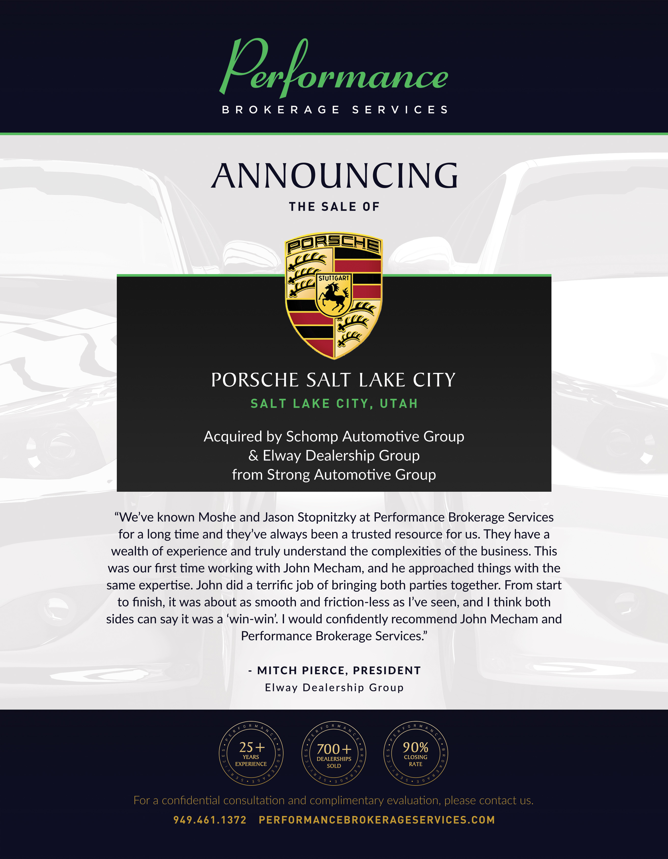 Performance Brokerage Services Announces the Sale of Porsche Salt Lake City