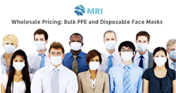 A portrait-style image of a diverse group of office workers wearing disposable face masks in front of a stark white background with the words, “MRI Wholesale Pricing: Bulk PPE and Disposable Face Masks” above them.