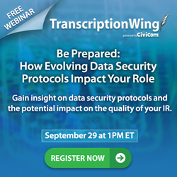 investor relations professionals are invited to a data security webinar hosted by TranscriptionWing