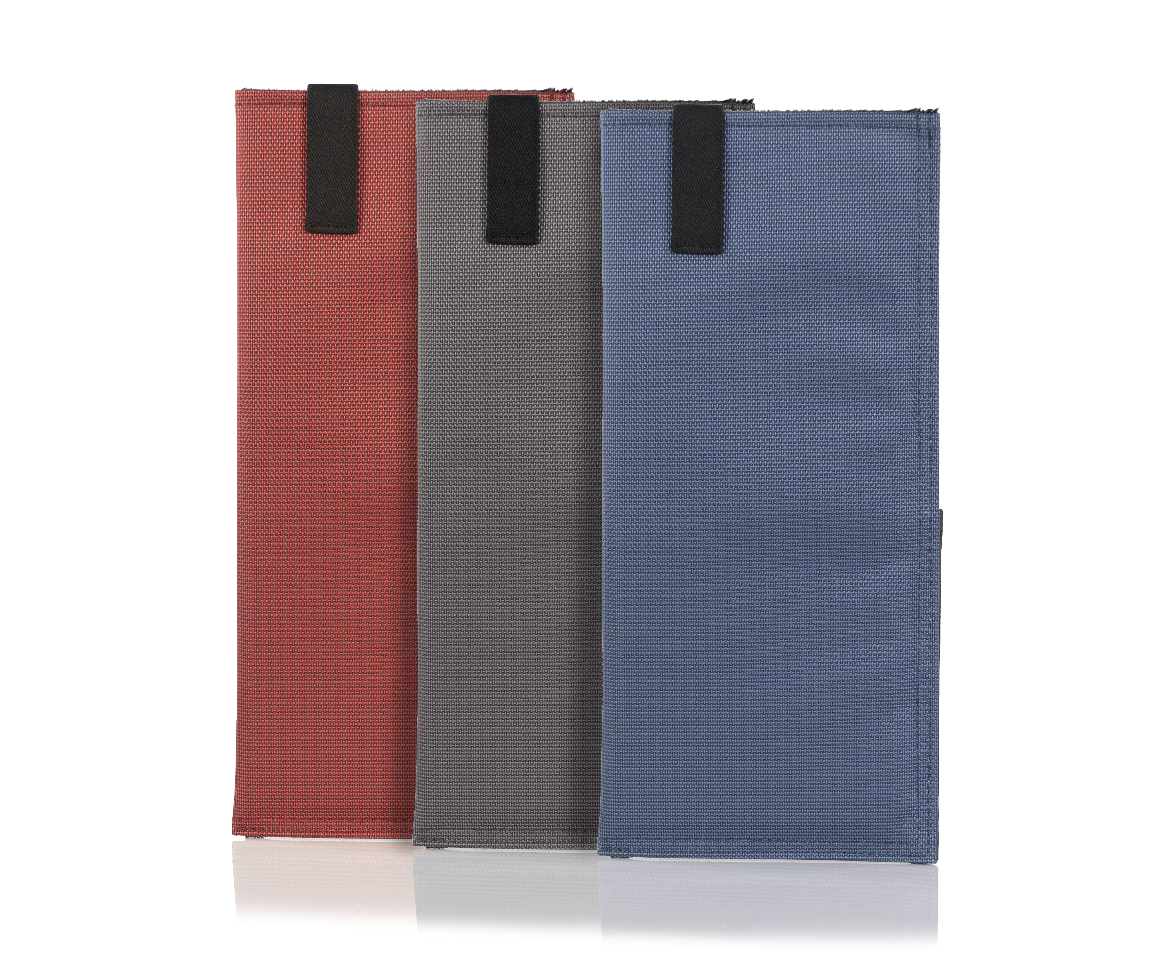 Three Forza fabric color options - red, coffee, and blue