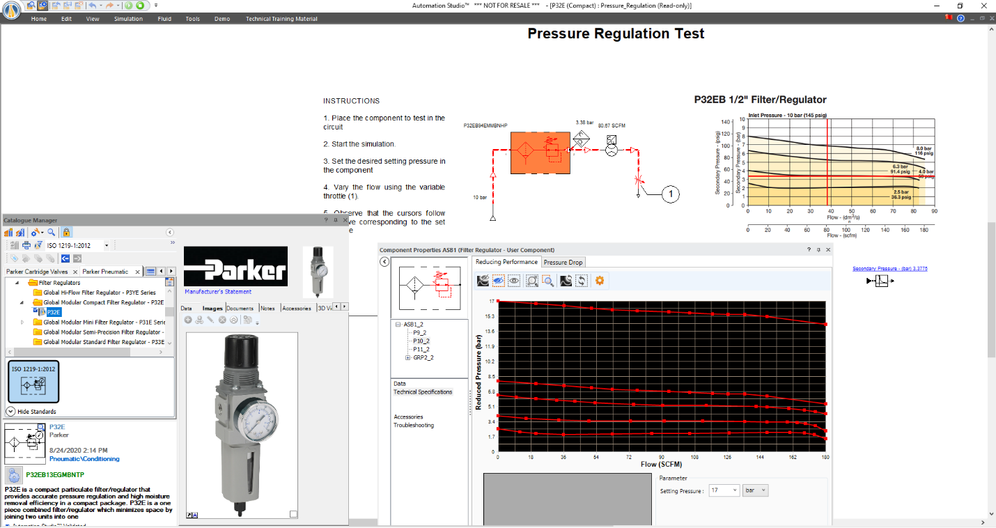 Pressure regulation test of Parker Valve in Automation Studio™.