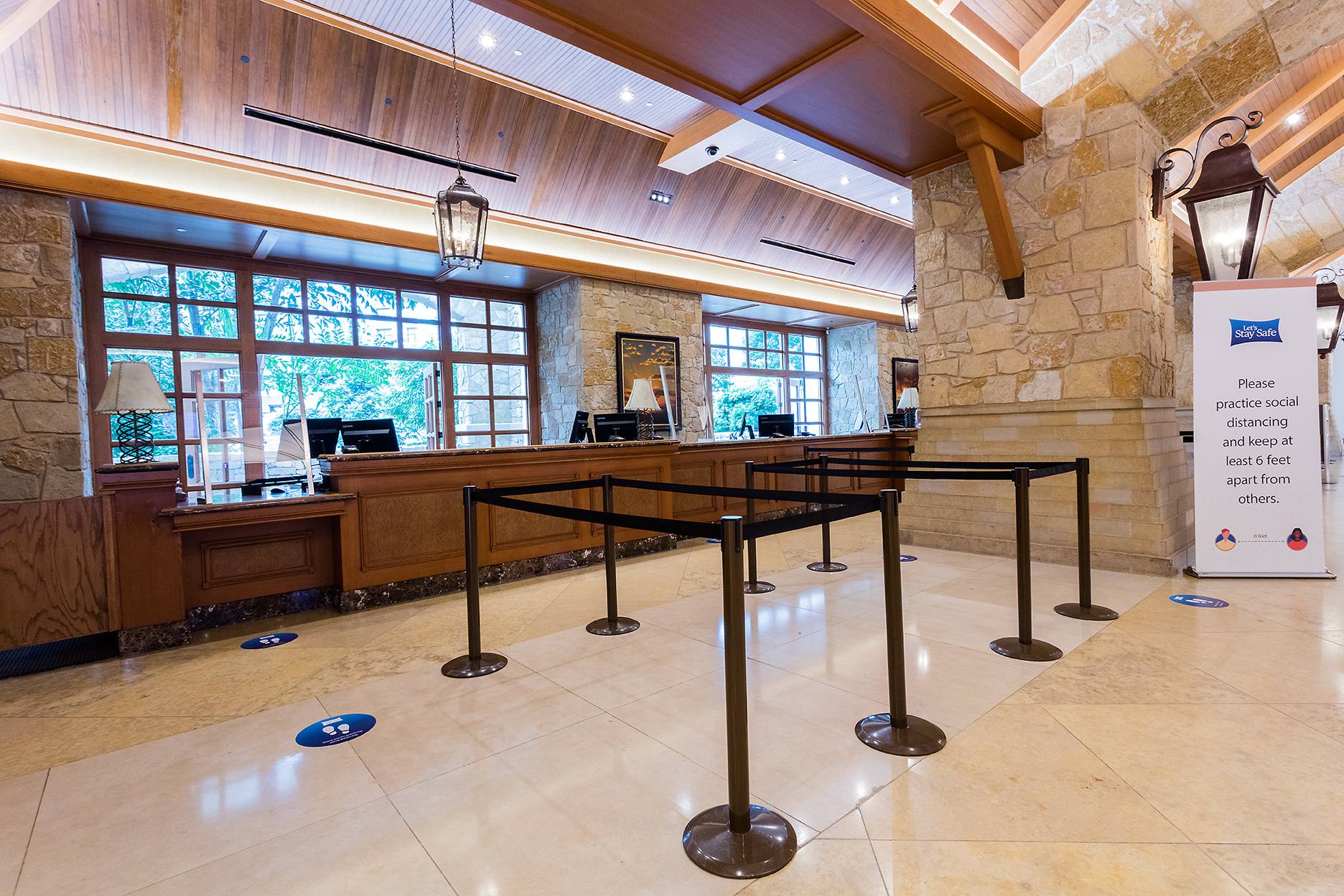 Safety guards and social distancing measures can be found throughout the resort property