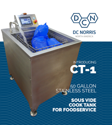 DC Norris North America's latest sous vide cook tank, the CT-1, on a blue background with test that reads" Introducing CT-1; 50 Gallon, Stainless Steel Sous Vide Cook Tank for Foodservice