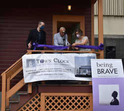 Ribbon Cutting Ceremony Barbara Littman House (L to R) John Keller, president of Town Clock CDC, Leonard Littman, sponsored house in memory of wife, Susan Kramer-Mills, executive director of Town Clock CDC