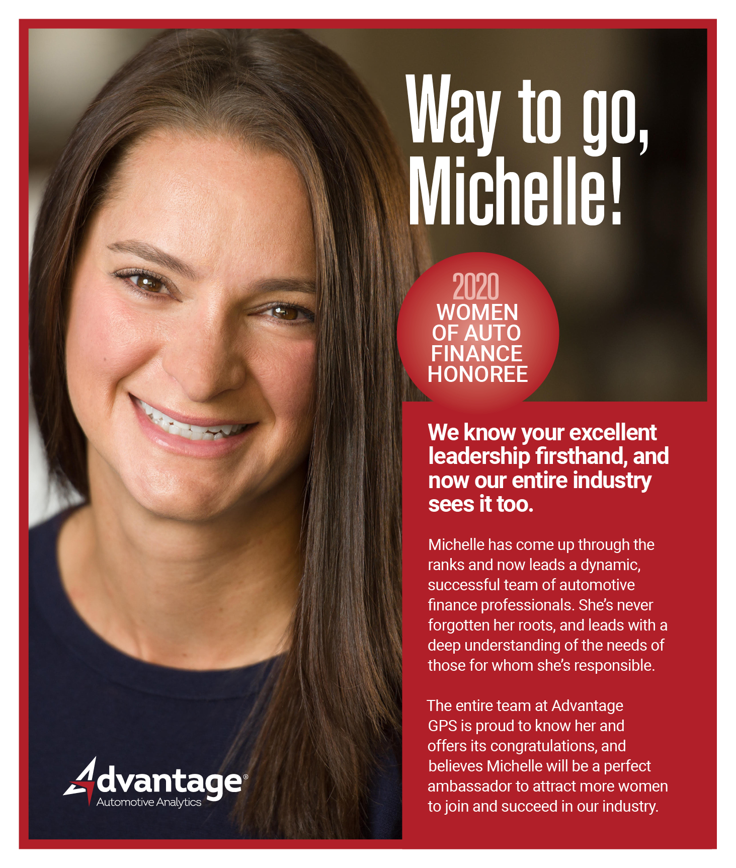 Michelle Jackson, Advantage GPS, Selected as 2020 Women in Automotive Finance Honoree