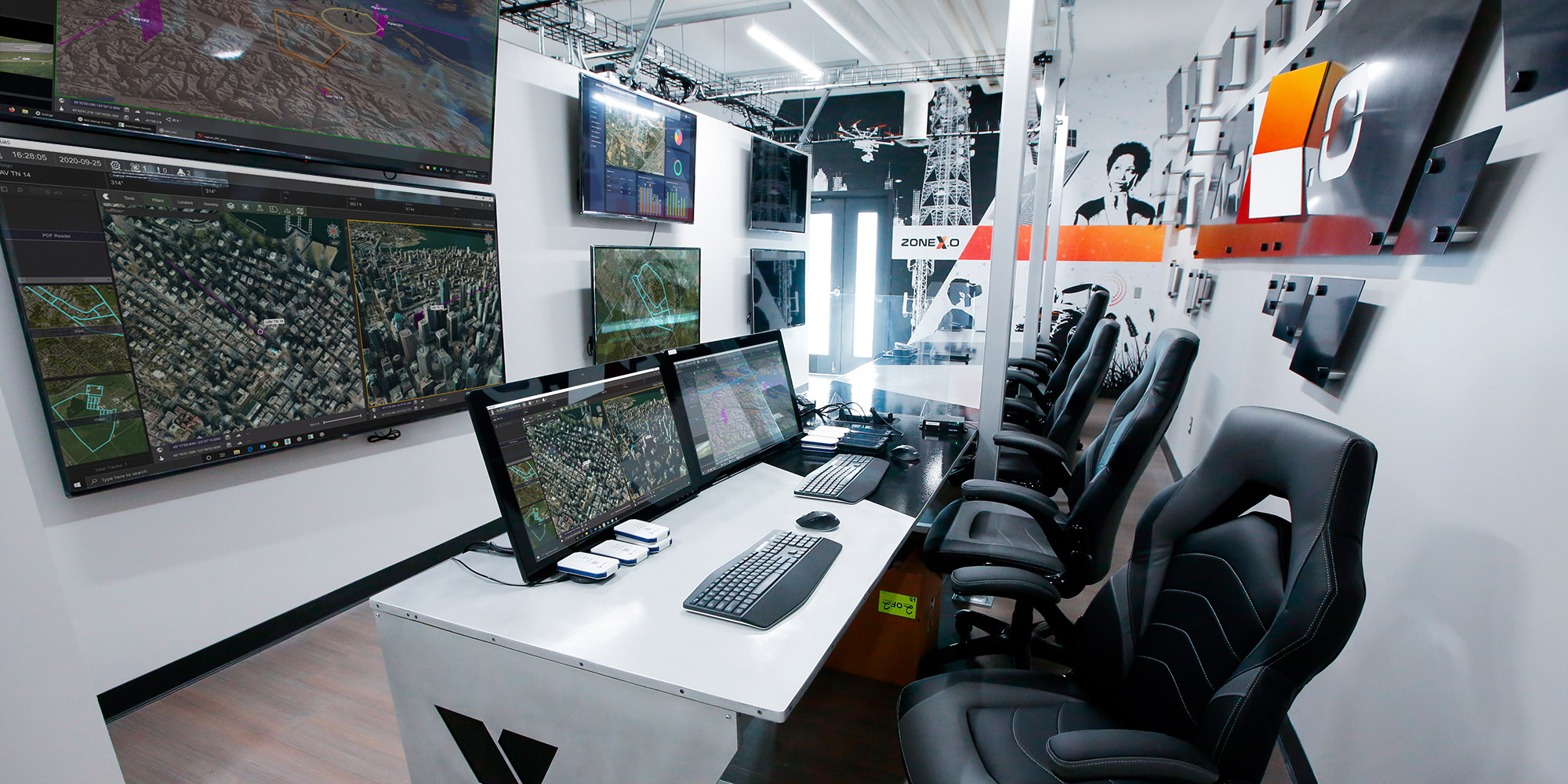 The Operations Center at Area X.0, in Ottawa, Canada.  From here, operators can manage and monitor multiple UAS, autonomous vehicles, and dismounted personnel.