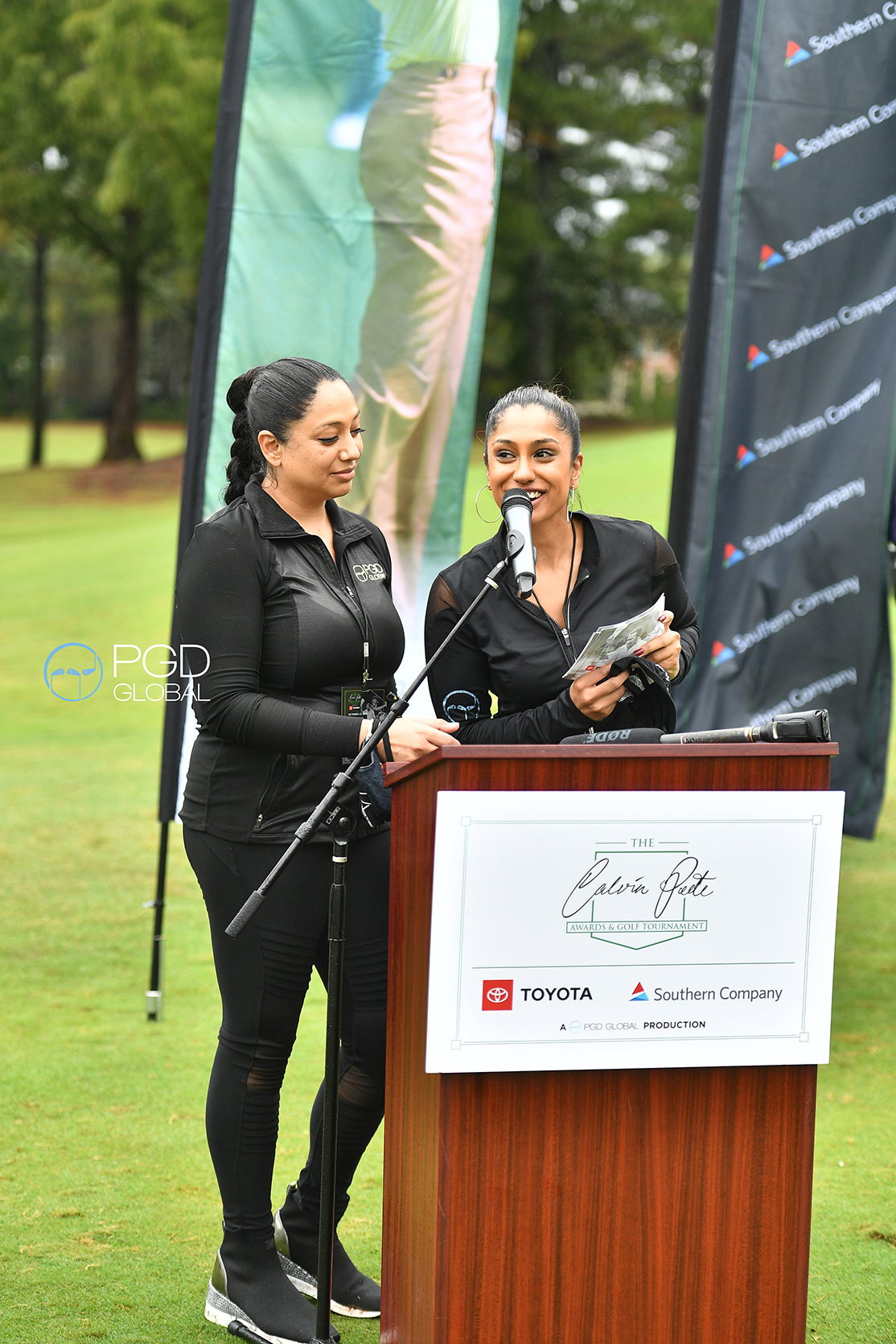 Nisha and Seema Sadekar welcome guests to the Calvin Peete Opening Ceremonies presented by Southern Company.