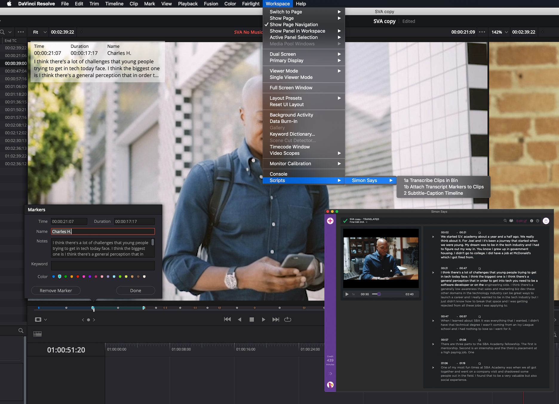 Subtitle markers in DaVinci Resolve with Simon Says