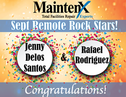 A celebratory looking image, with the words September Report Rockstars above two circles. The circles contain the names Jenny Delos Santos and Rafael Rodriguez. The bottom of the image has a light blue banner than reads 'Congratulations!'