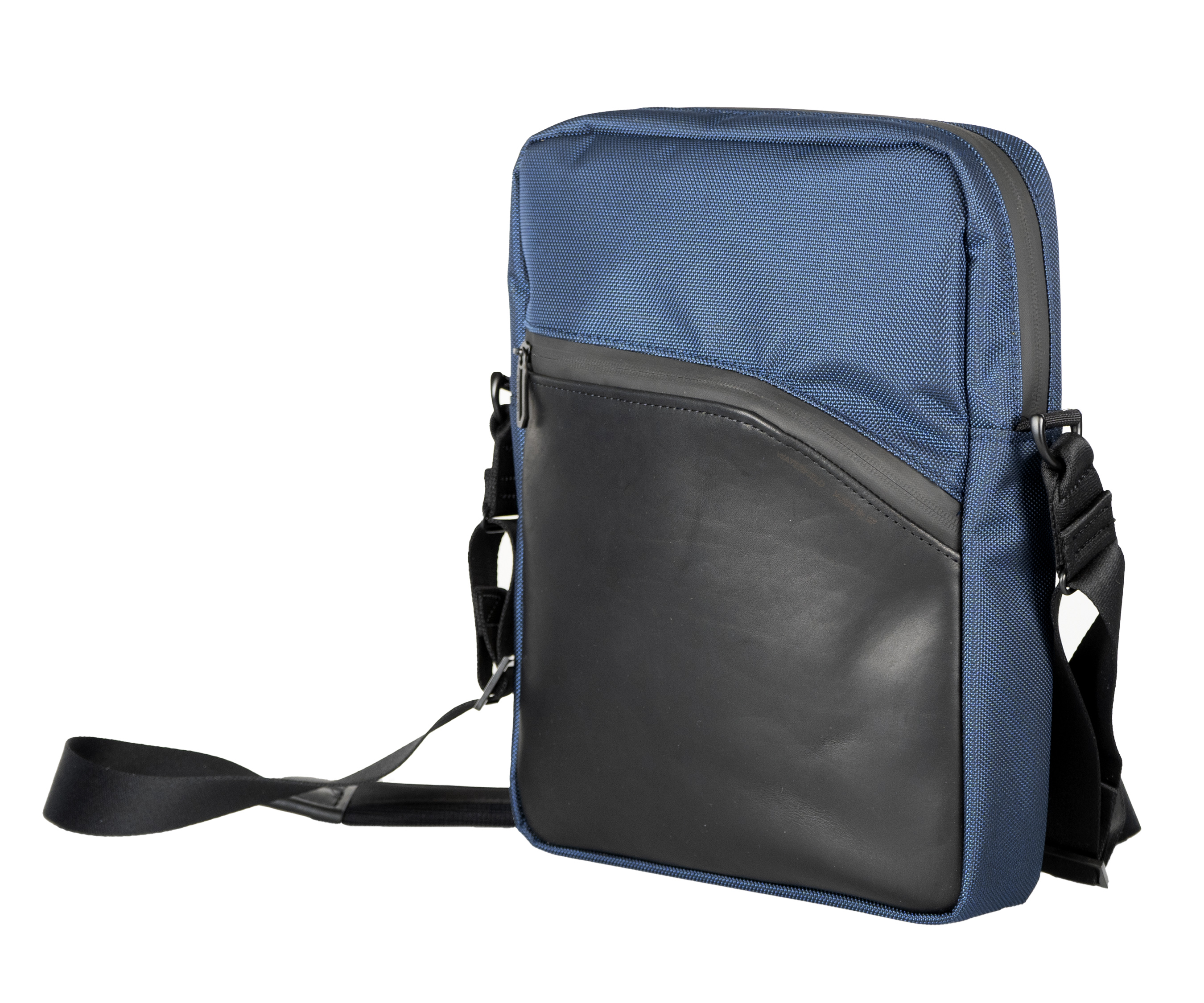 Crossbody bag in blue Forza textile and full-grain leather
