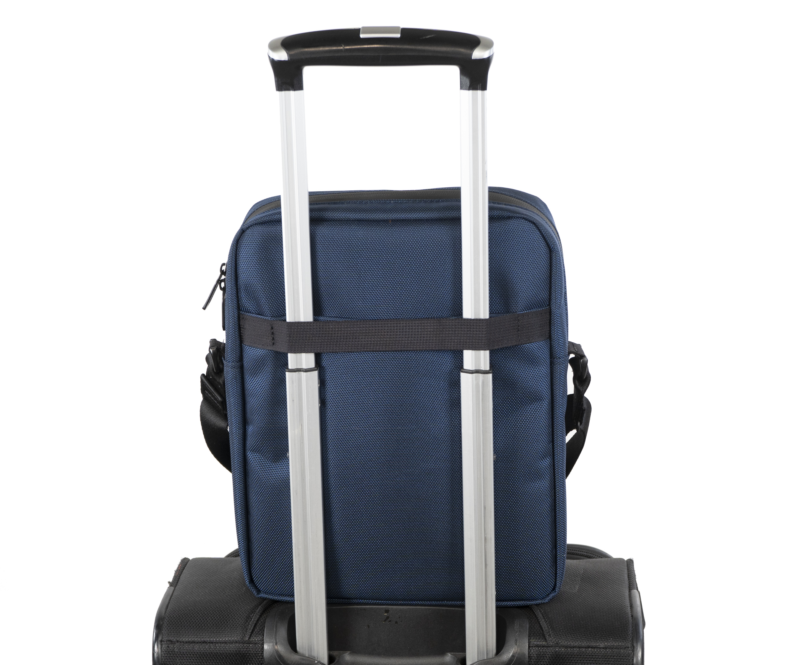 Crossbody bag wheeled suitcase passthrough