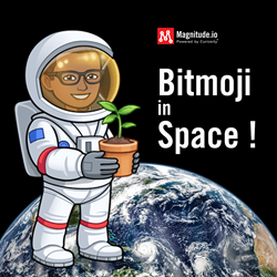 An astronaut Bitmoji holds a plant floating above Earth