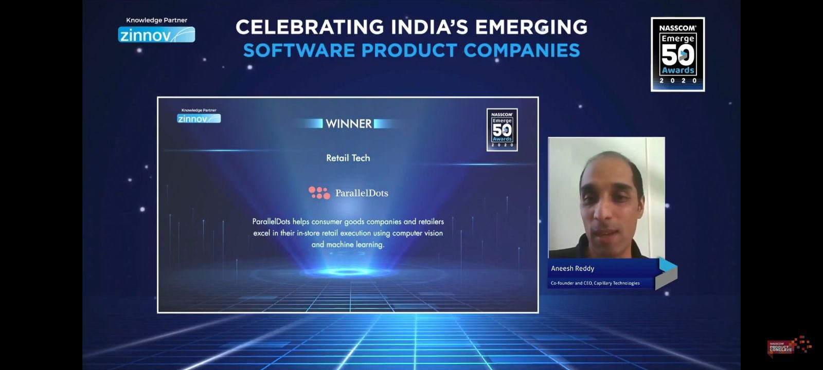 Retail Tech SaaS leader, Aneesh Reddy announcing ParallelDots as a winner
