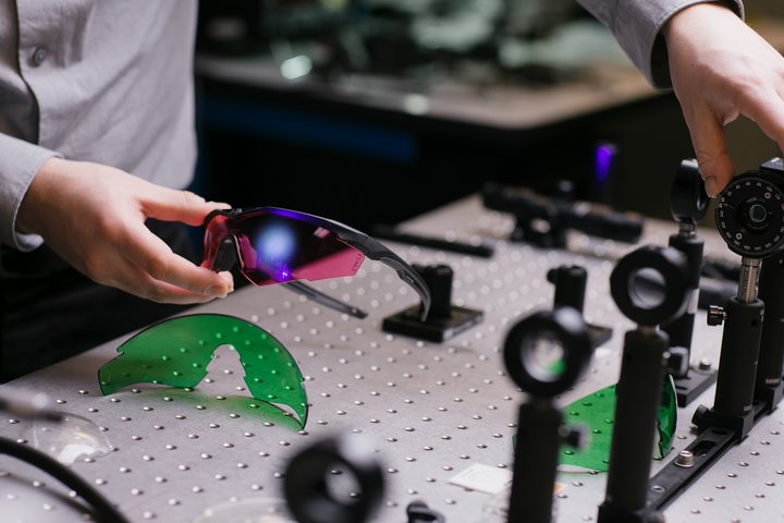 Ballistic laser protective eyewear being tested against a laser hazard in the Revision Military Advanced Laser Research Lab.