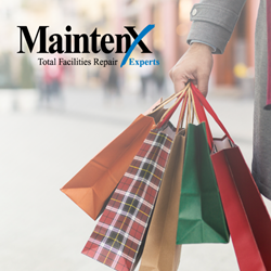 MaintenX's logo is featured in the top left corner over a festive image of an arm in a grey coat shown holding five holiday colored (orange, plaid, gold, green, red) shopping bags, with a busy street scene blurred in the background.