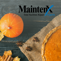 The MaintenX logo is shown above a pumpkin, a few cinnamon sticks, and a pumpkin pie on a burlap cloth.