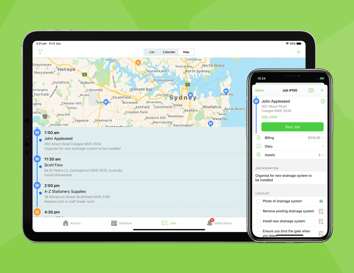 The ServiceM8 app which helps contractors & service businesses with scheduling, quotes, client communication, job history, invoicing and more.