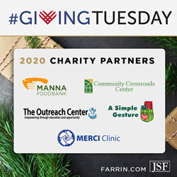 The Law Offices of James Scott Farrin's 2020 Charity Partners list for Giving Tuesday.