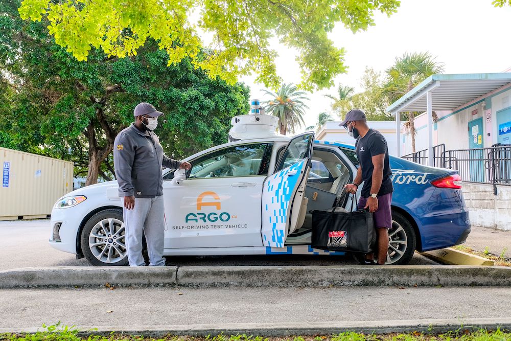 Ford and Argo AI team-up to use self-driving test vehicles to deliver The Education Fund's produce and school supplies to students on Miami Beach and in Miami's Little Havana.