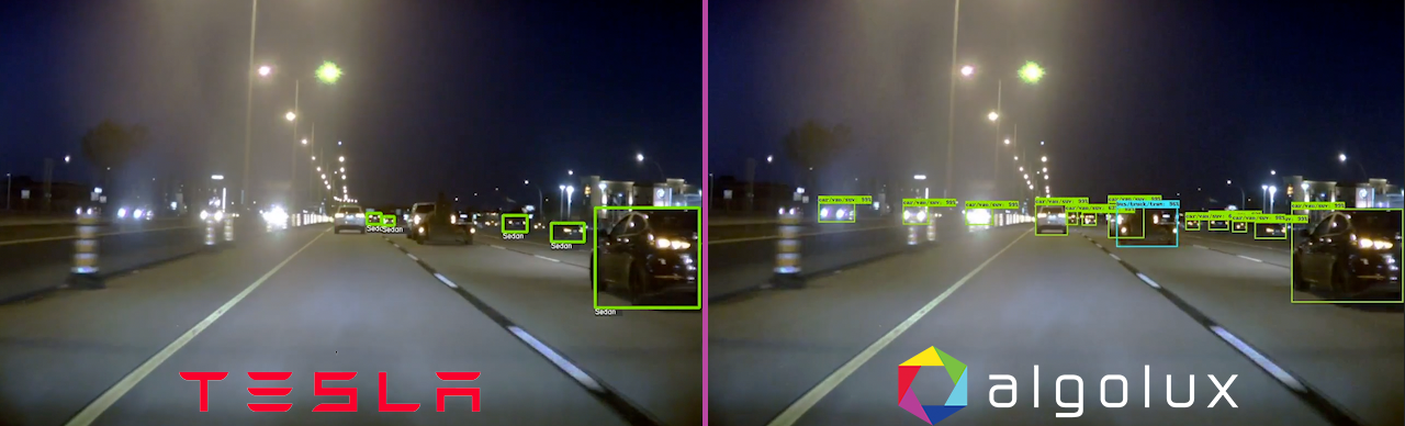 Low-light detection comparison: Tesla Model S Autopilot (camera/radar fusion + tracking) vs. Algolux Eos perception (camera-only)