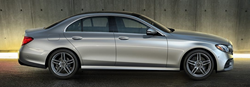 Passenger angle of a silver 2020 Mercedes-Benz E-Class sedan