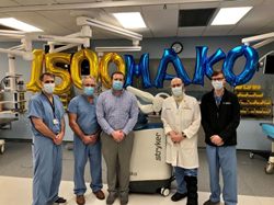 AHN orthopaedic surgeons, Dr. Jeffrey Sewecke, Dr. Nick Sotereanos, Dr. TJ Sauber, Dr. Julius Huebner and Dr. Alan Slipak, stand with the Mako Robot at Allegheny General Hospital.