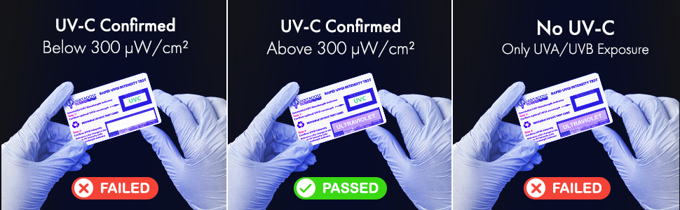 QuantaDose Word and Letter Visibility UVC Test Card with and without UV/UVC Light Exposure