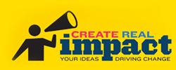 icon of person holding mega phone with words Create Real Impact - Your Ideas Driving Change