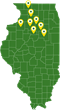 Map of Illinois showing the eight locations of Prairie State Tractor